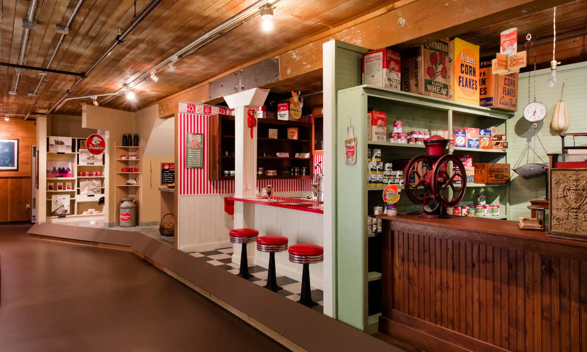 Historic interior exhibit at Carnation Farms highlighting vintage displays and the farm’s agricultural legacy.