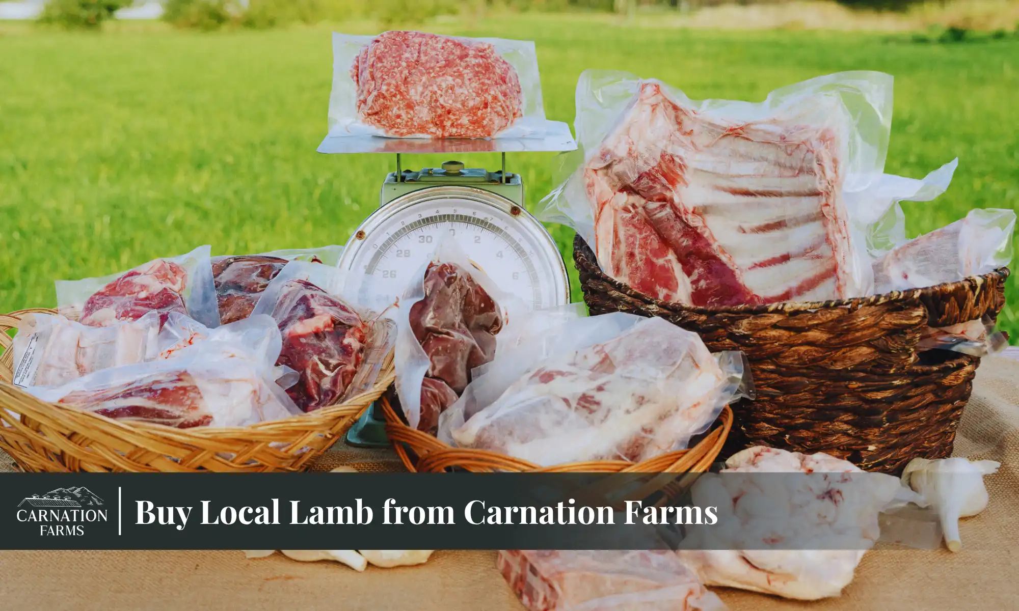 Packaged lamb cuts displayed in baskets at Carnation Farms for local purchase