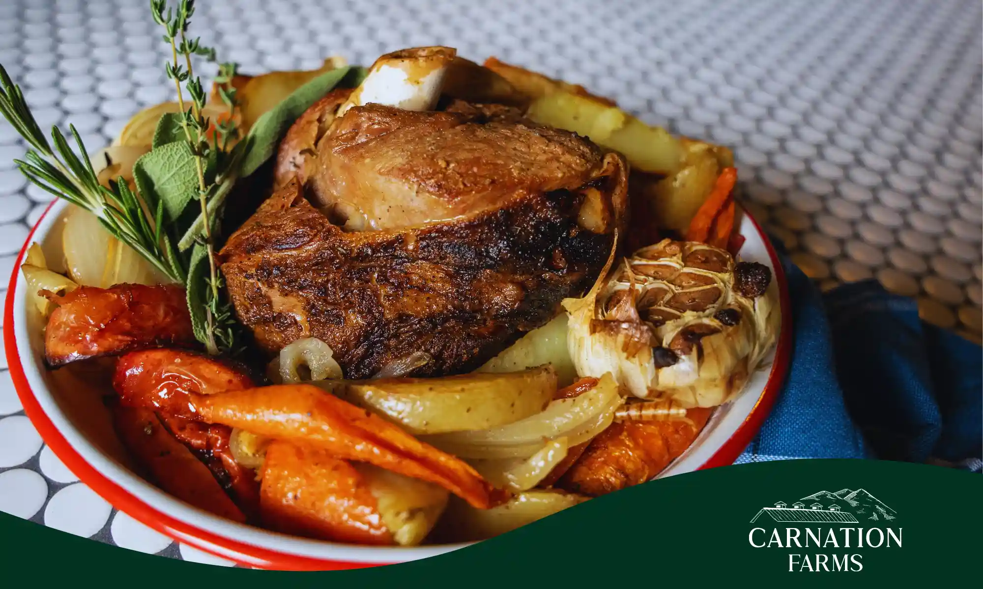 Grass-fed lamb served with roasted vegetables and herbs.