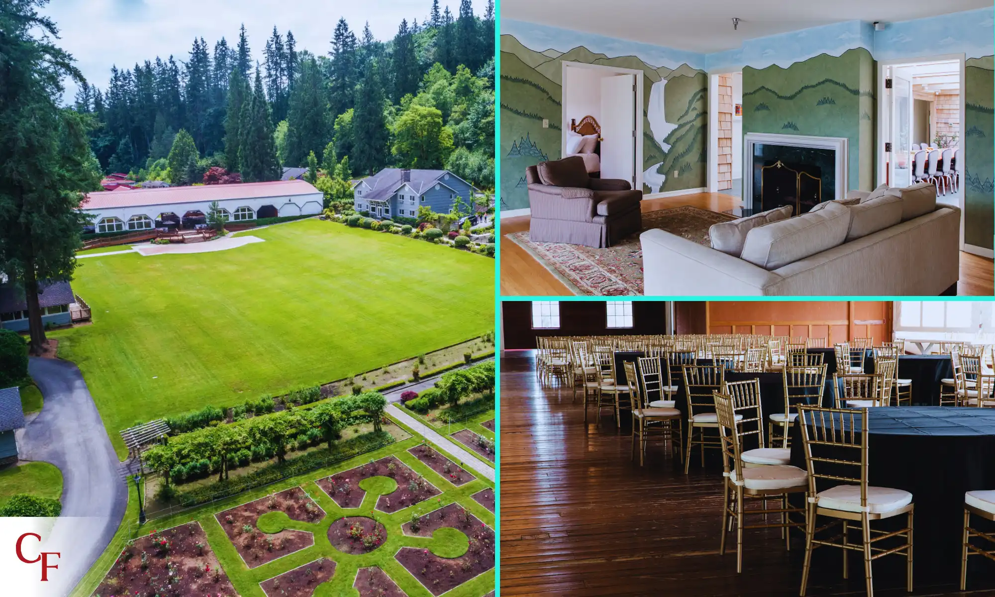 Collage of Carnation Farms lodging, meeting halls, and aerial view of retreat grounds
