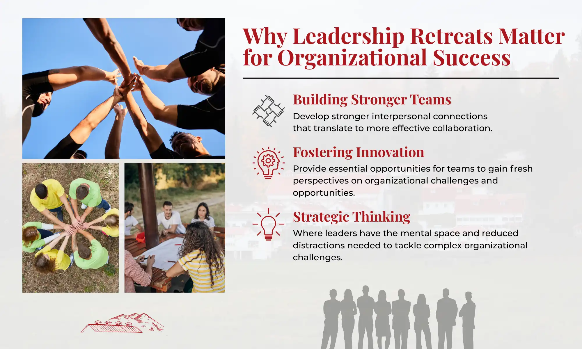 Infographic showing leadership retreat benefits for team building and innovation