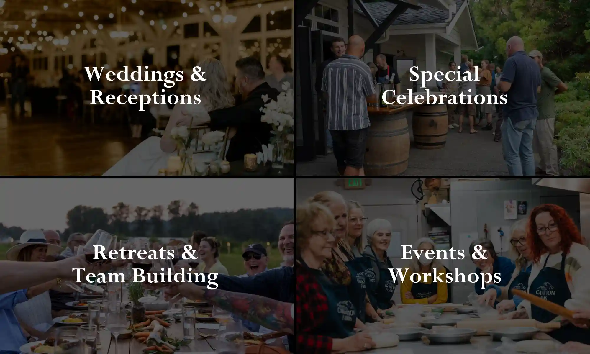 Collage showing weddings, celebrations, retreats, and workshops hosted at Carnation Farms event spaces.