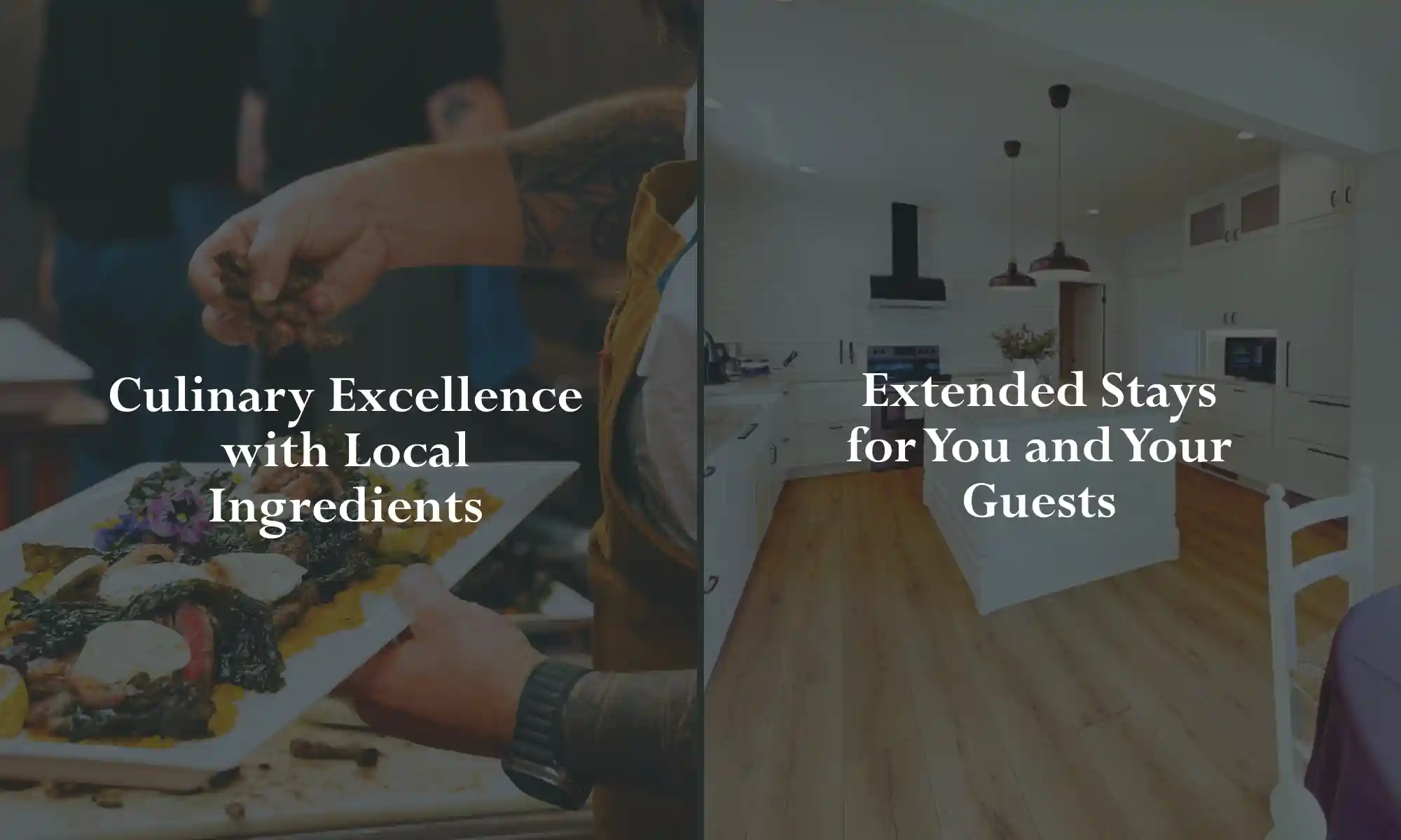 Split image showing farm-to-table catering and overnight guest accommodations at Carnation Farms private events venue.