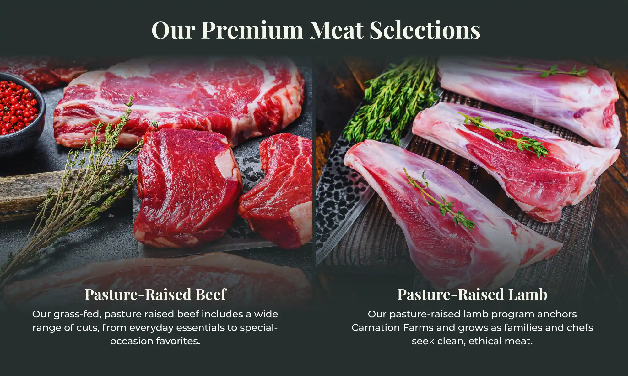 Pasture-raised beef and lamb cuts displayed on rustic boards