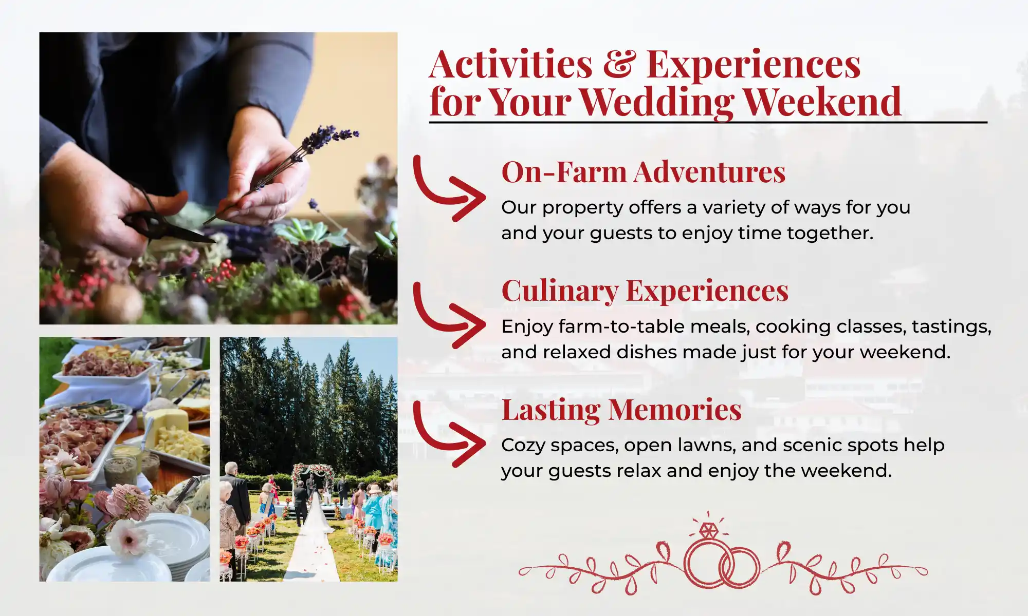Wedding weekend activities at Carnation Farms featuring on-farm experiences, culinary tastings, and relaxed guest gatherings.